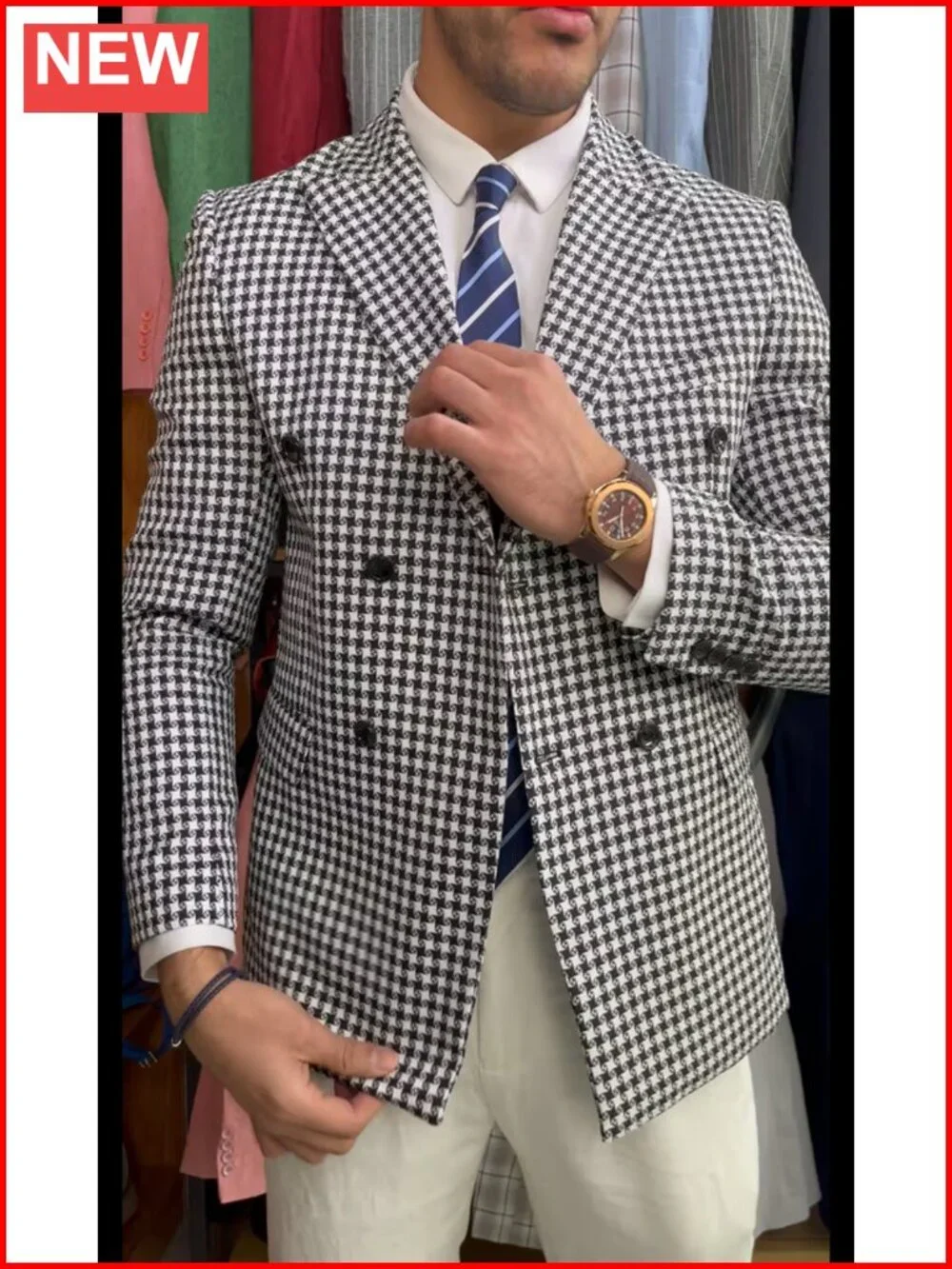 Men's Houndstooth Double Breasted Slim Fit Blazer Sport Coat
